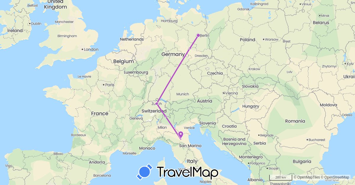 TravelMap itinerary: plane, train in Switzerland, Germany, Italy (Europe)