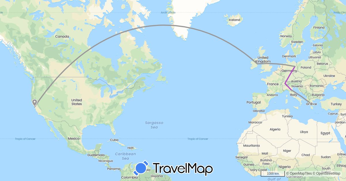 TravelMap itinerary: driving, plane, train in Switzerland, Germany, Greece, Ireland, Italy, United States (Europe, North America)